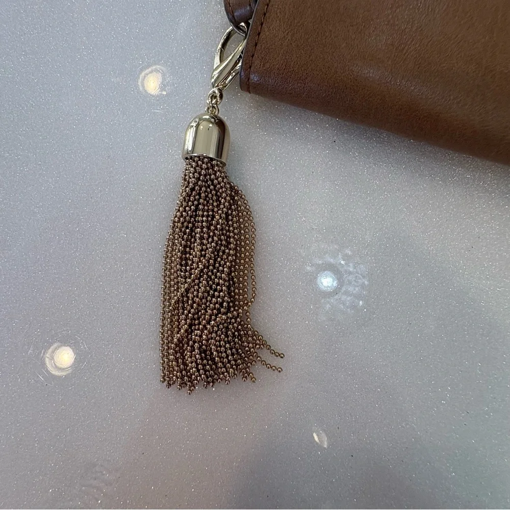 The Limited Tan and Gold Wallet Wristlet Clutch Gold Tassle Chain Beige striped